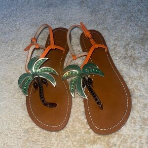 Tory Burch Orange and Green Palm Tree Sandals